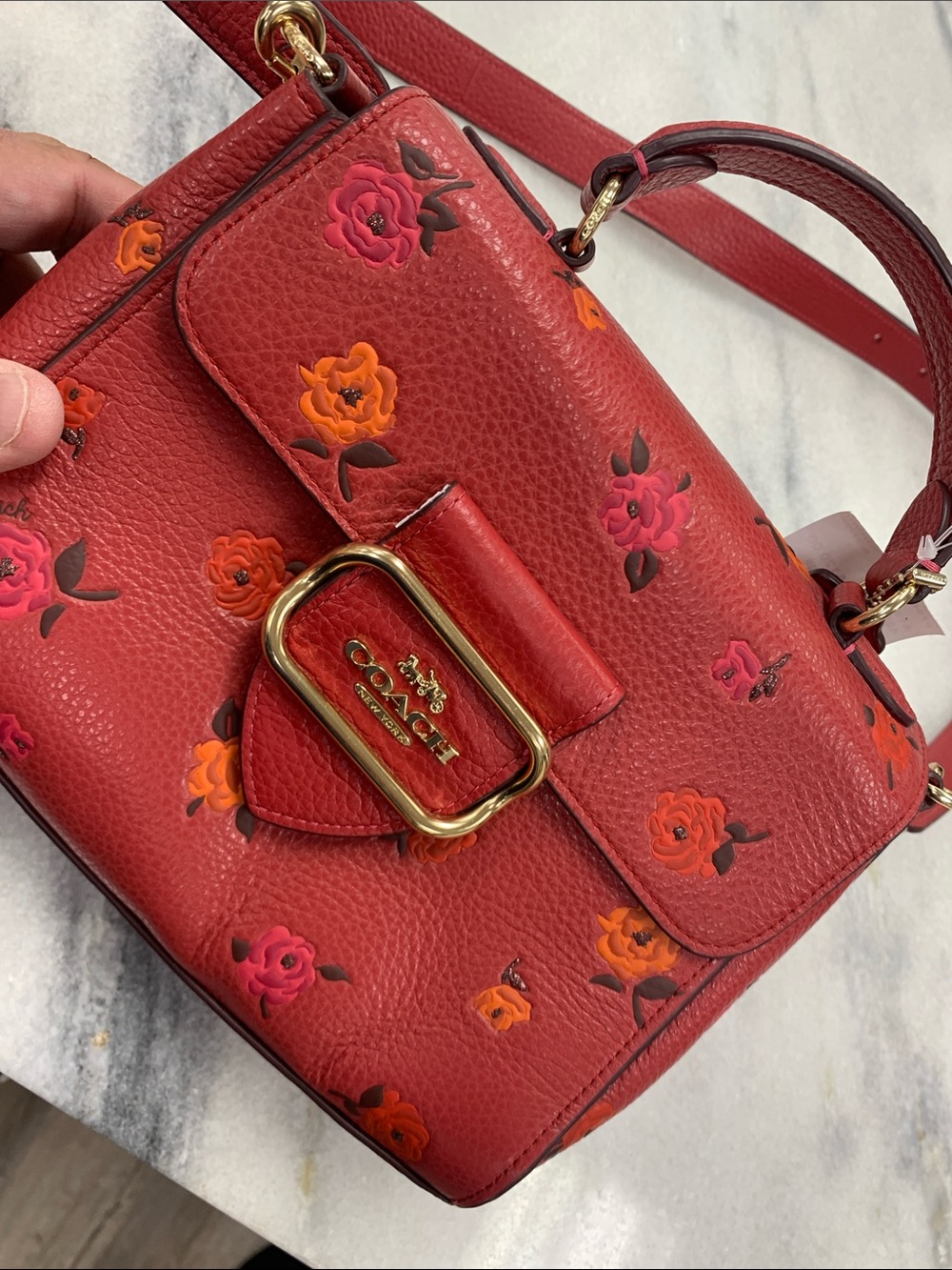 Coach Red Floral Pebbled Leather Crossbody with Gold Hardware - Picture 9 of 9